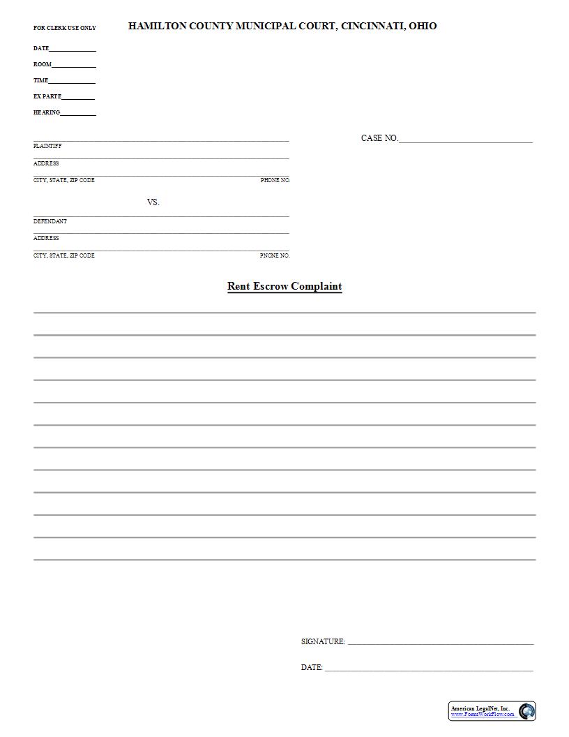 Rent Escrow Complaint | Pdf Fpdf Docx | Ohio