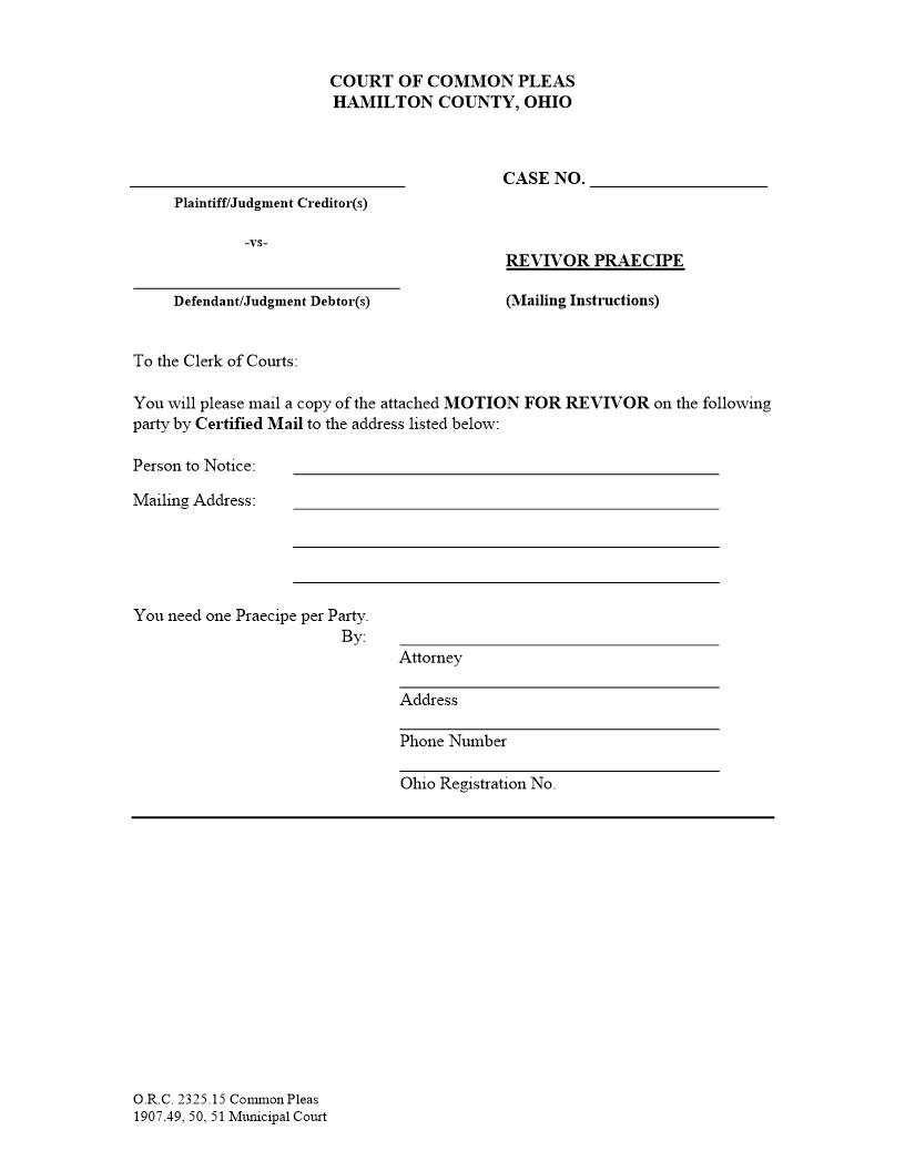 Revivor Praecipe Mailing Instructions | Pdf Fpdf Doc Docx | Ohio