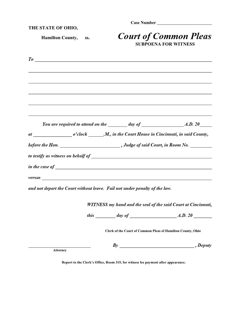 Subpoena For Witness {708A} | Pdf Fpdf Doc Docx | Ohio