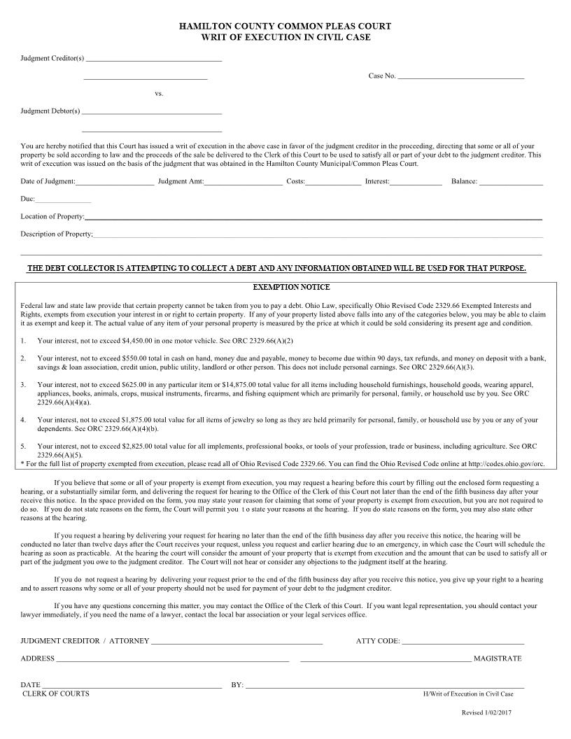 Writ Of Execution In Civil Case | Pdf Fpdf Doc Docx | Ohio