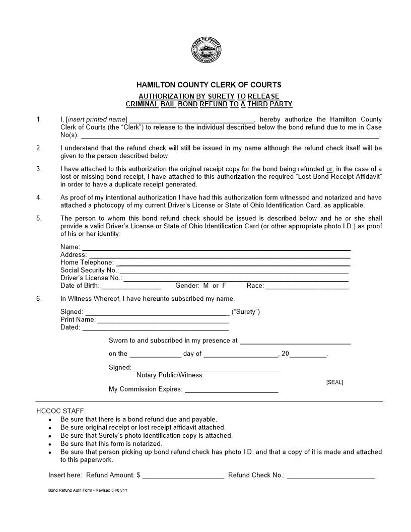 Authorization By Surety To Release Criminal Bail Bond Refund To A Third Party | Pdf Fpdf Doc Docx | Ohio