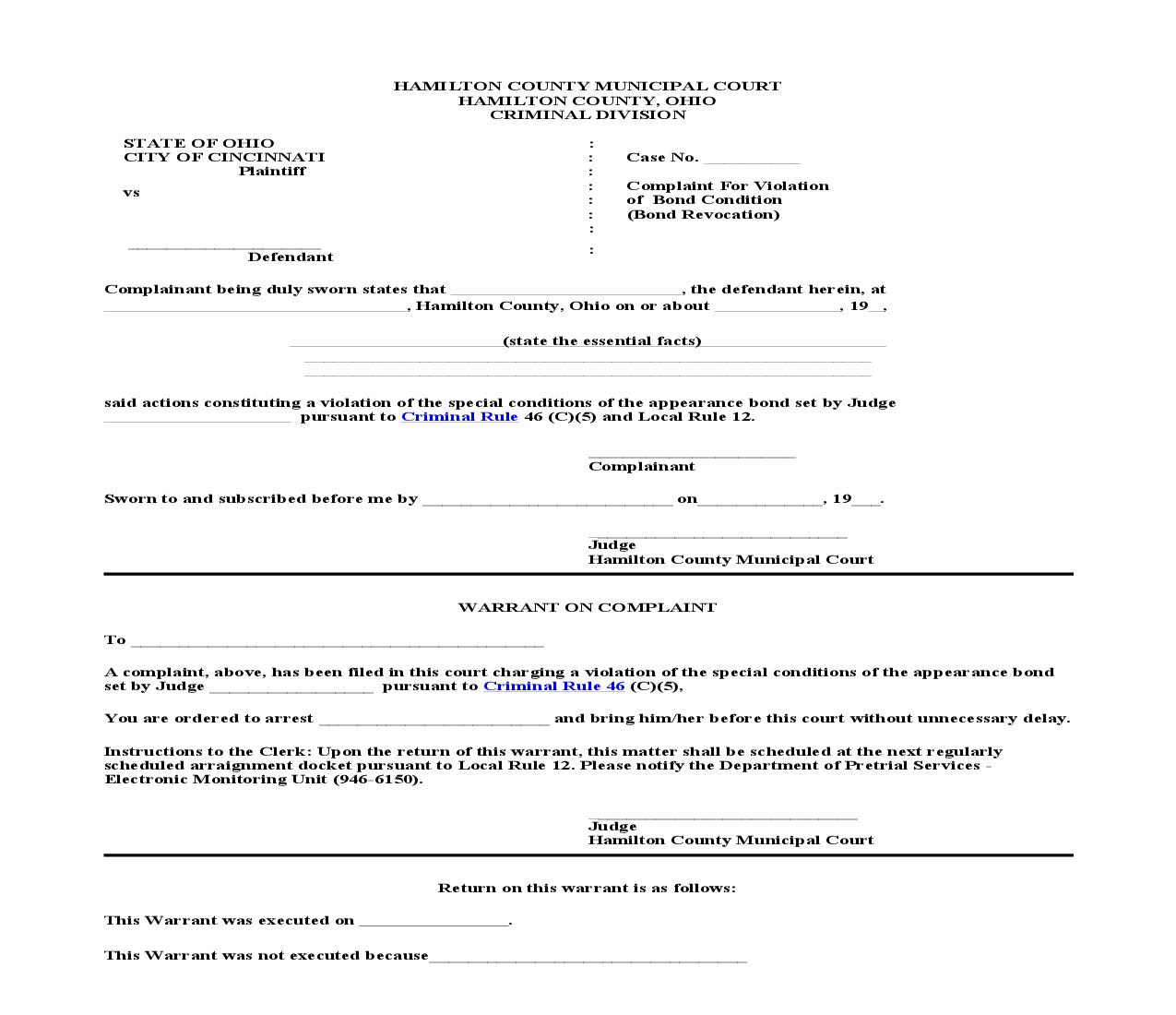 Complaint For Violation Of Bond Condition (Bond Revocation) | Pdf Fpdf Doc Docx | Ohio