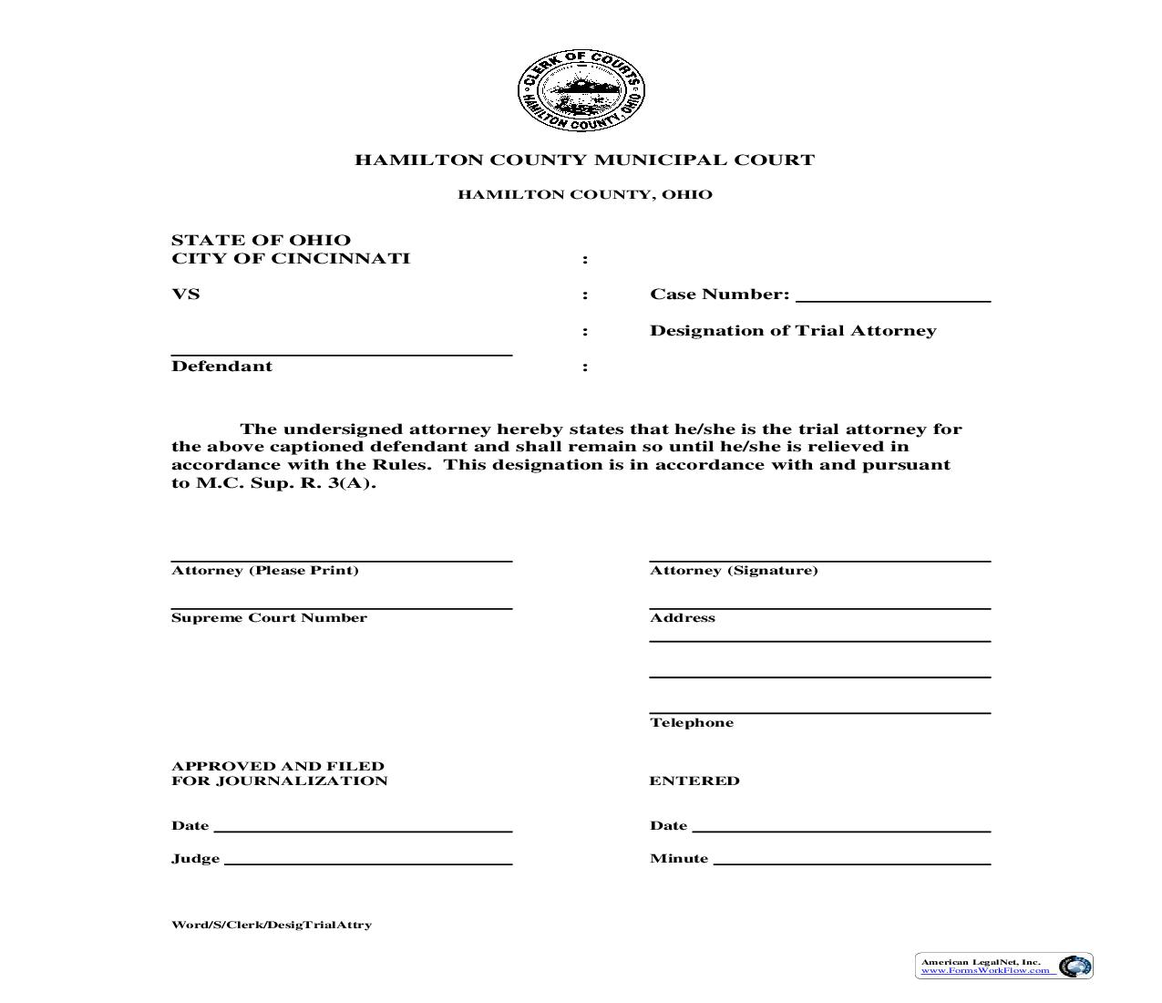 Designation Of Trial Attorney (Criminal) {CR-1} | Pdf Fpdf Doc Docx | Ohio