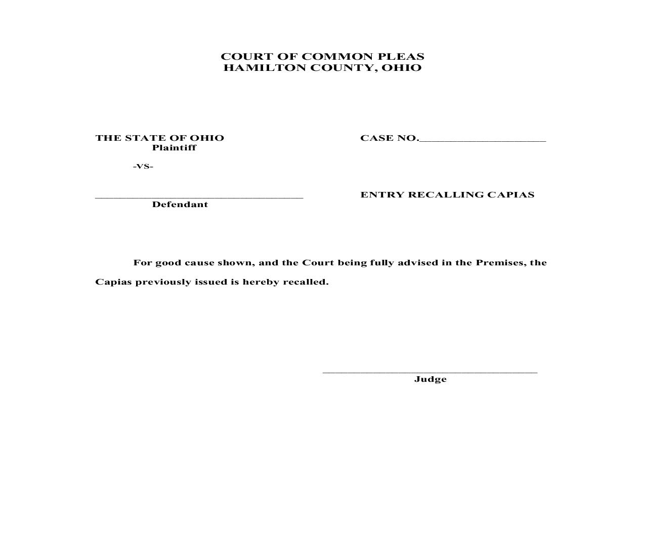 Entry Recalling Capias | Pdf Fpdf Doc Docx | Ohio