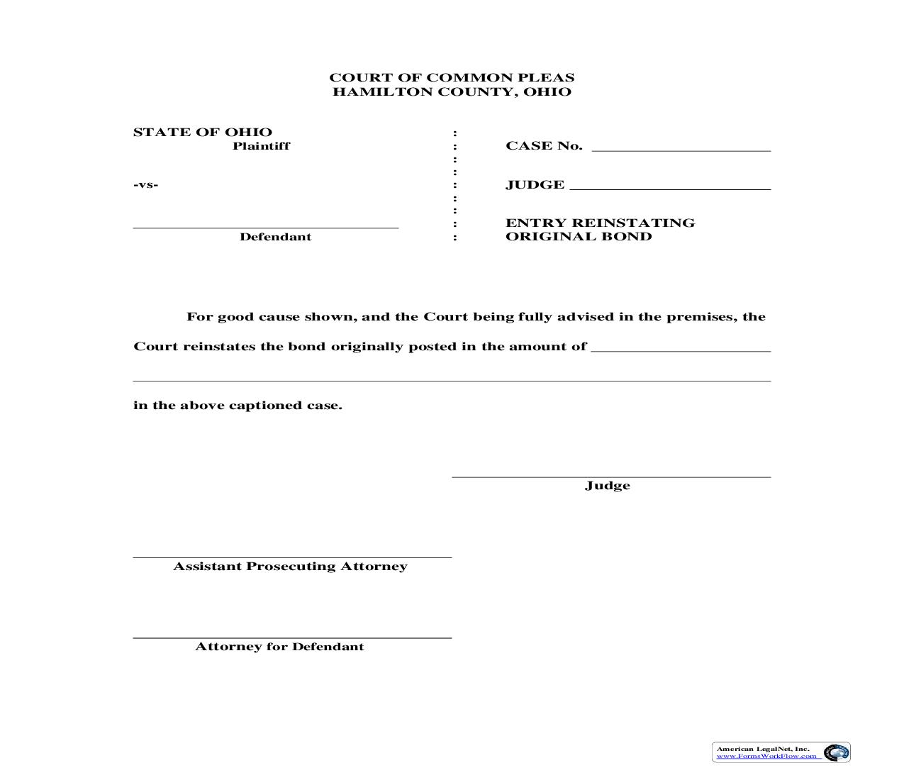 Entry Reinstating Original Bond | Pdf Fpdf Doc Docx | Ohio