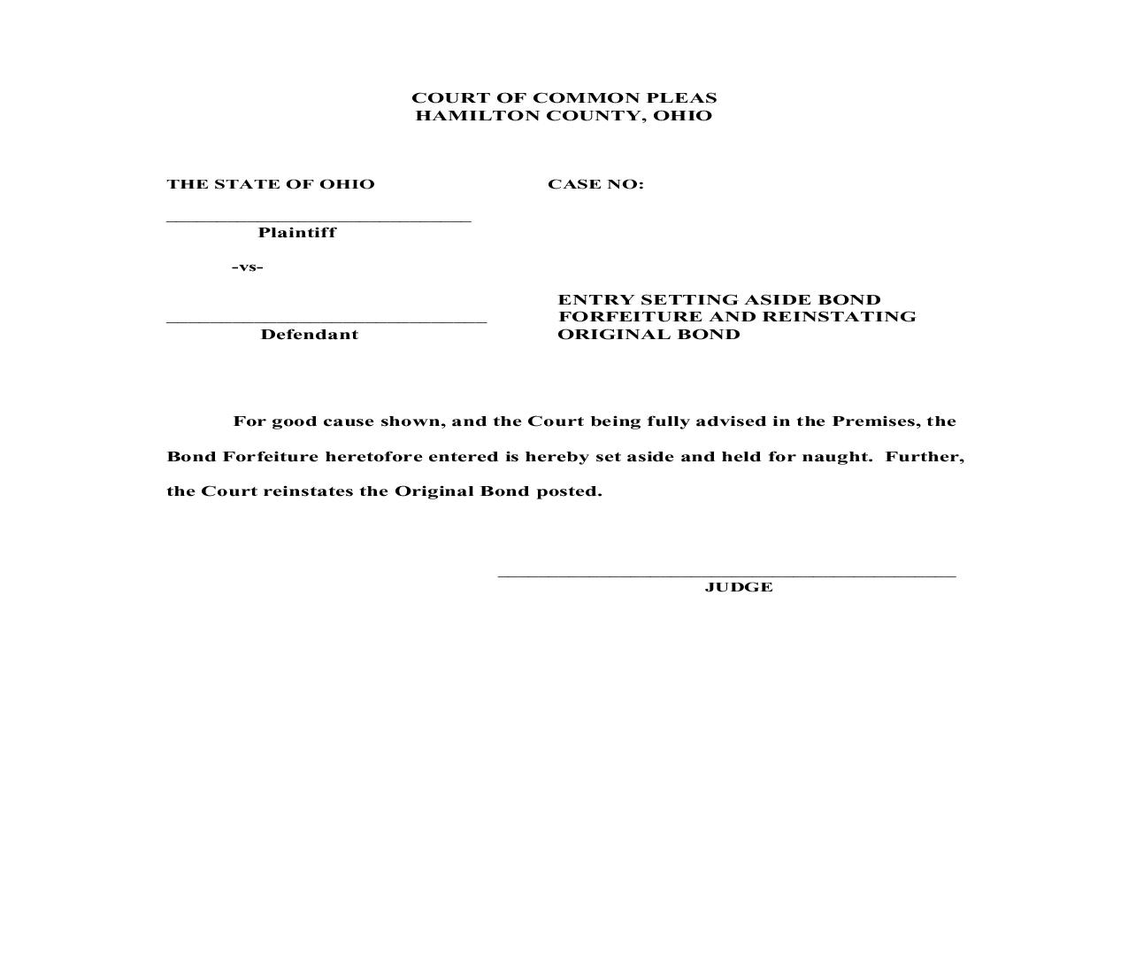 Entry Setting Aside Bond Forfeiture And Reinstating Original Bond | Pdf Fpdf Doc Docx | Ohio