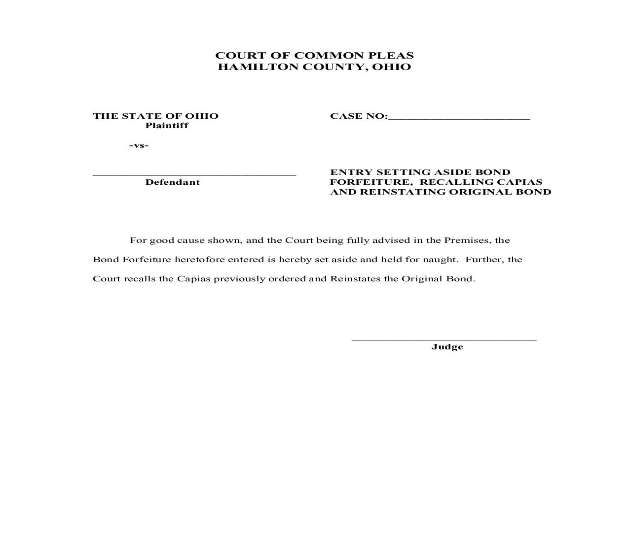 Entry Setting Aside Bond Forfeiture Recalling Capias And Reinstating Original Bond | Pdf Fpdf Doc Docx | Ohio