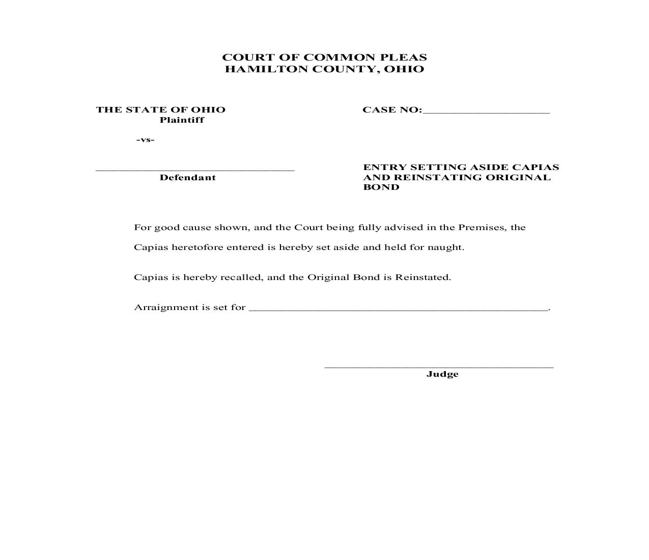 Entry Setting Aside Capias And Reinstating Original Bond | Pdf Fpdf Doc Docx | Ohio