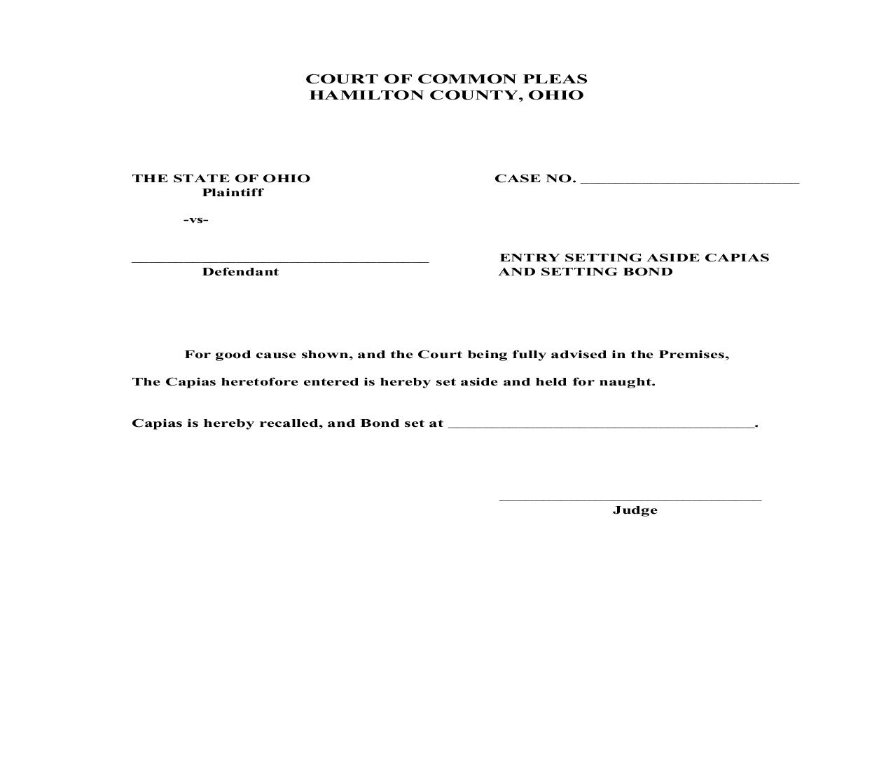 Entry Setting Aside Capias And Setting Bond | Pdf Fpdf Doc Docx | Ohio