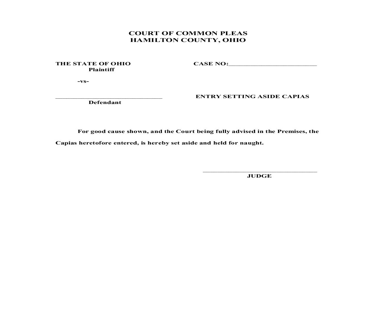 Entry Setting Aside Capias | Pdf Fpdf Doc Docx | Ohio