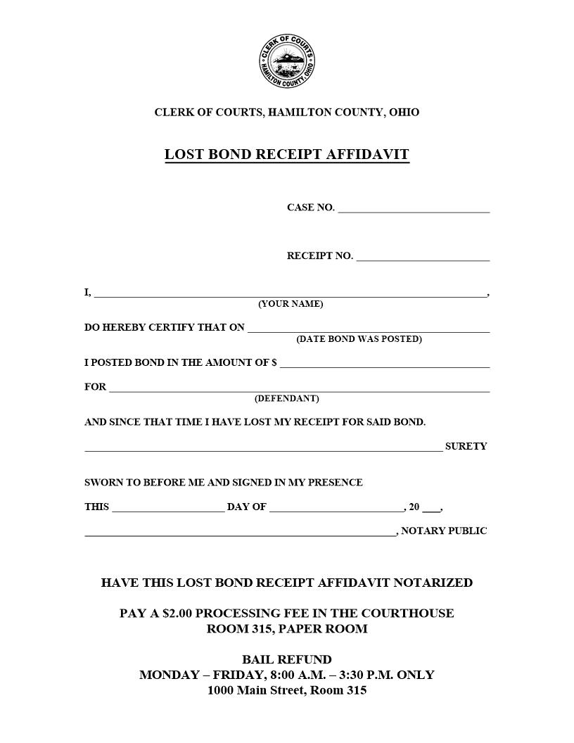 Lost Bond Receipt Affidavit | Pdf Fpdf Doc Docx | Ohio