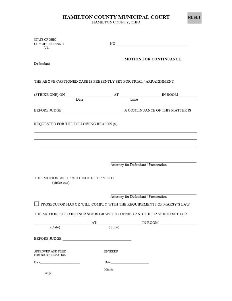 Motion For Continuance (Municipal) | Pdf Fpdf Docx | Ohio