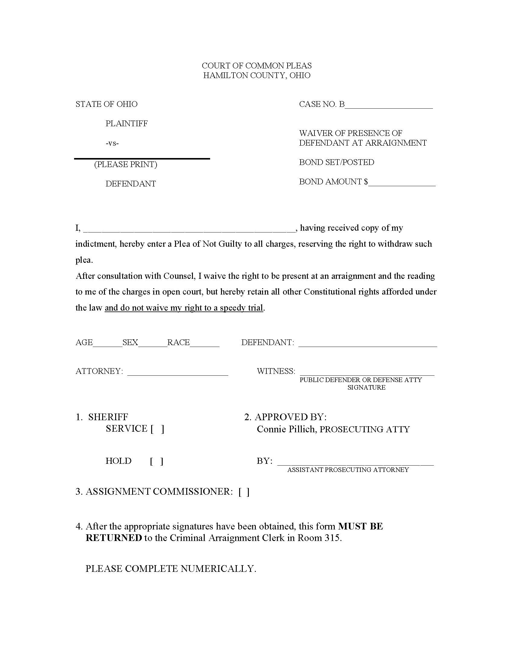 Waiver Of Presence Of Defendant At Arraignment | Pdf Fpdf Doc Docx | Ohio
