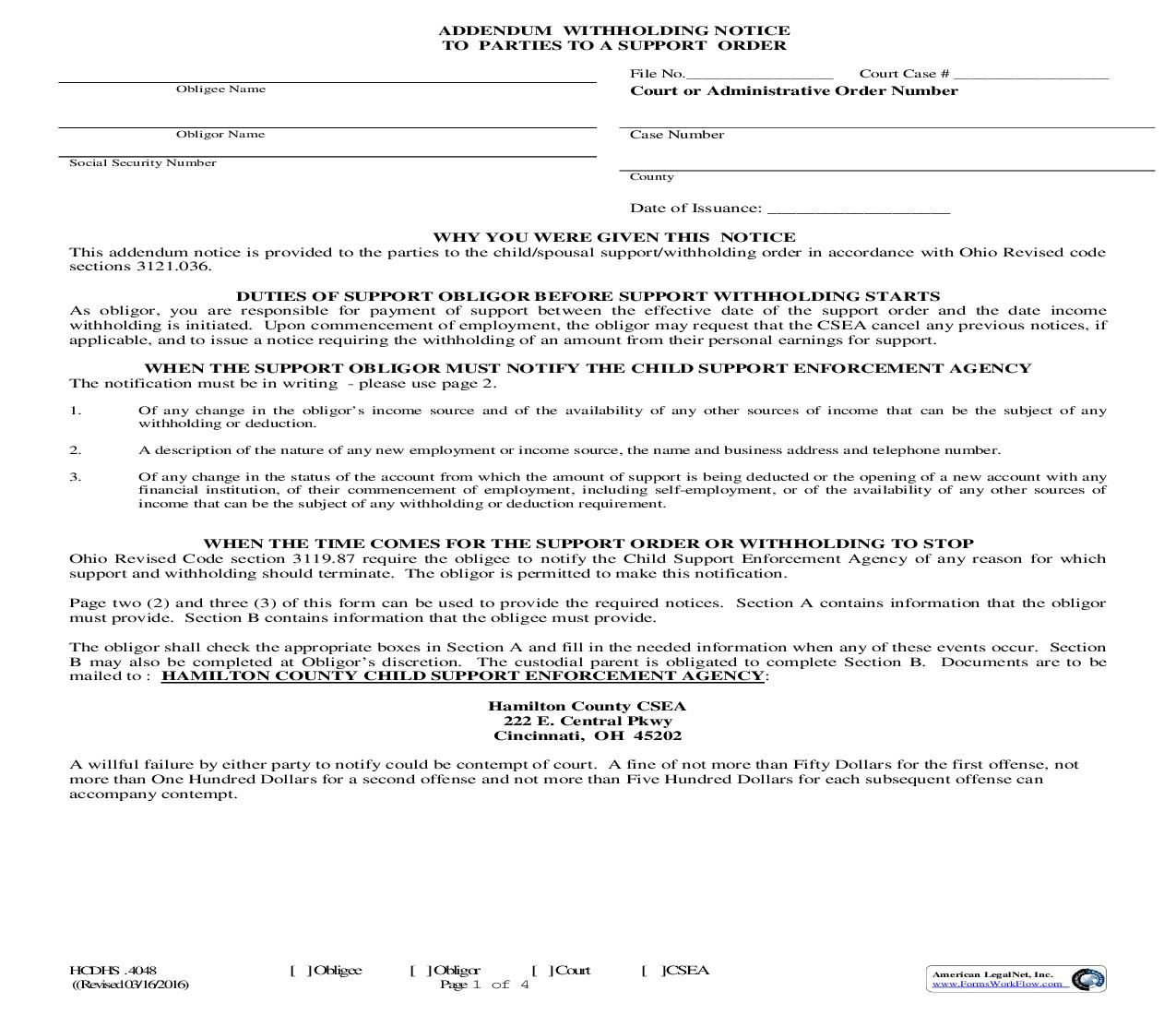 Addendum Withholding Notice To Parties To A Support Order {4048} | Pdf Fpdf Doc Docx | Ohio