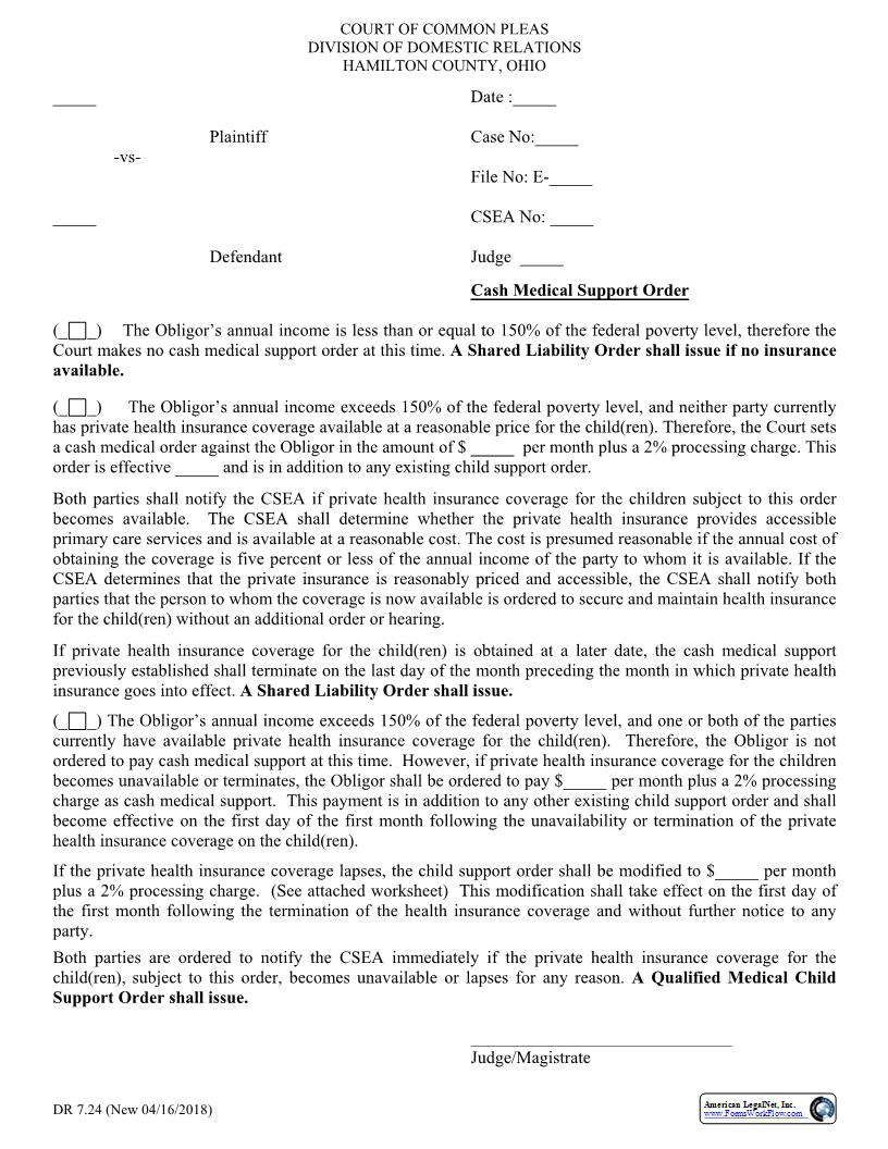 Cash Medical Support Order{7.24} | Pdf Fpdf Docx | Ohio