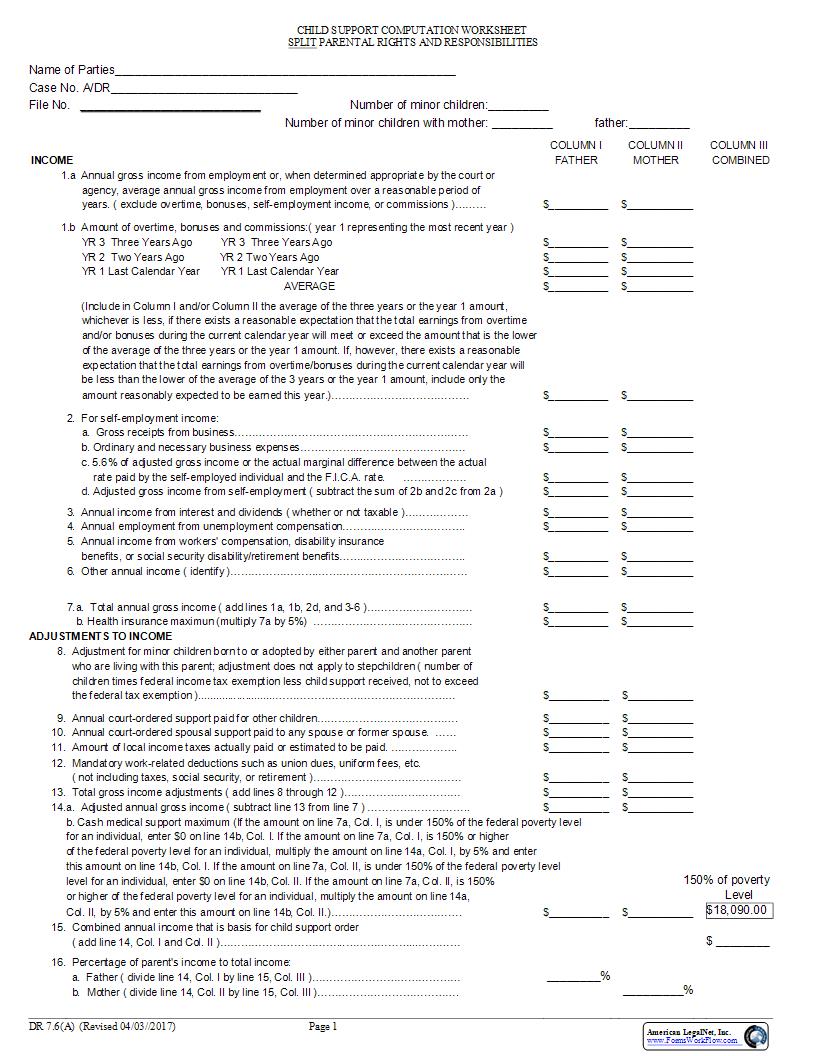 Child Support Computation Worksheet Split Parental Rights And Responsibilities {7.6(A)} | Pdf Fpdf Docx | Ohio