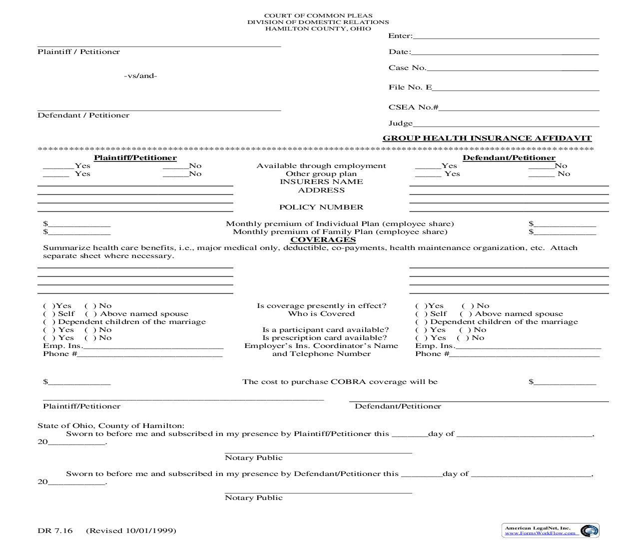 Group Health Insurance Affidavit {7.16TP} | Pdf Fpdf Doc Docx | Ohio