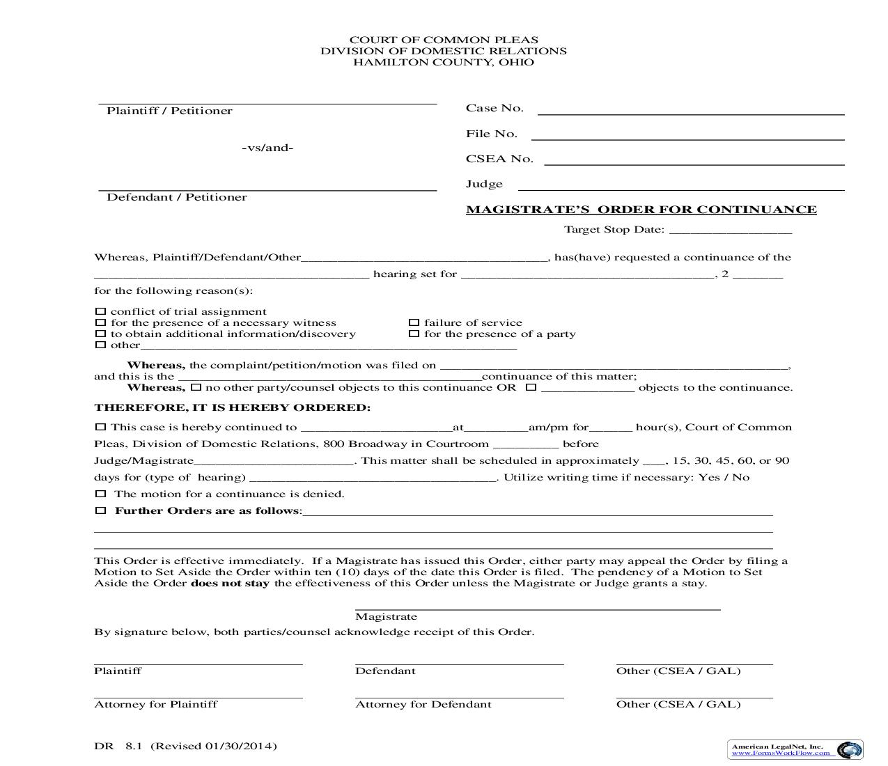 Magistrates Order For Continuance {8.1} | Pdf Fpdf Doc Docx | Ohio