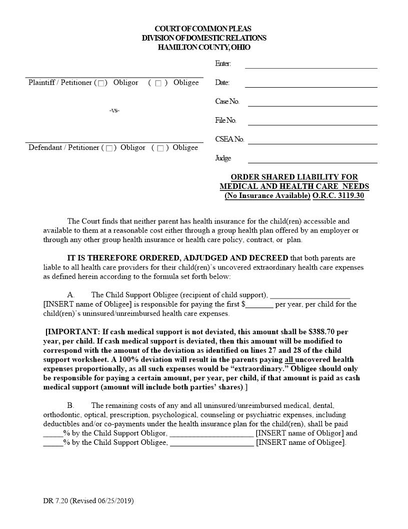 Order Shared Liability For Medical And Healthcare Needs No Insurance Available {7.20} | Pdf Fpdf Doc Docx | Ohio