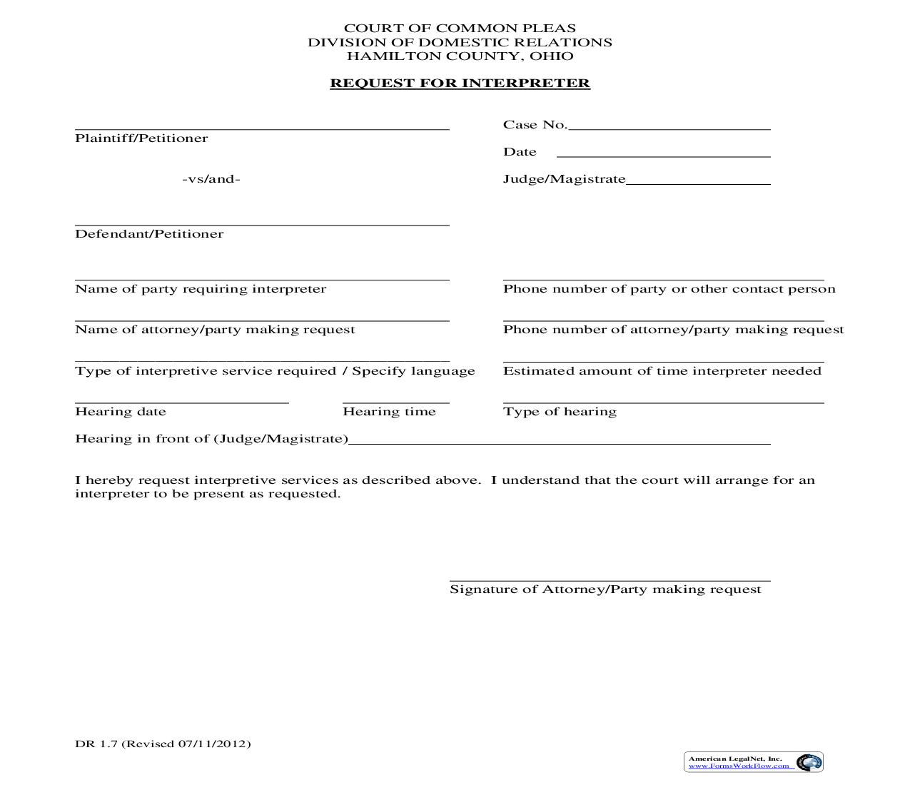 Request For Interpreter {1.7} | Pdf Fpdf Doc Docx | Ohio