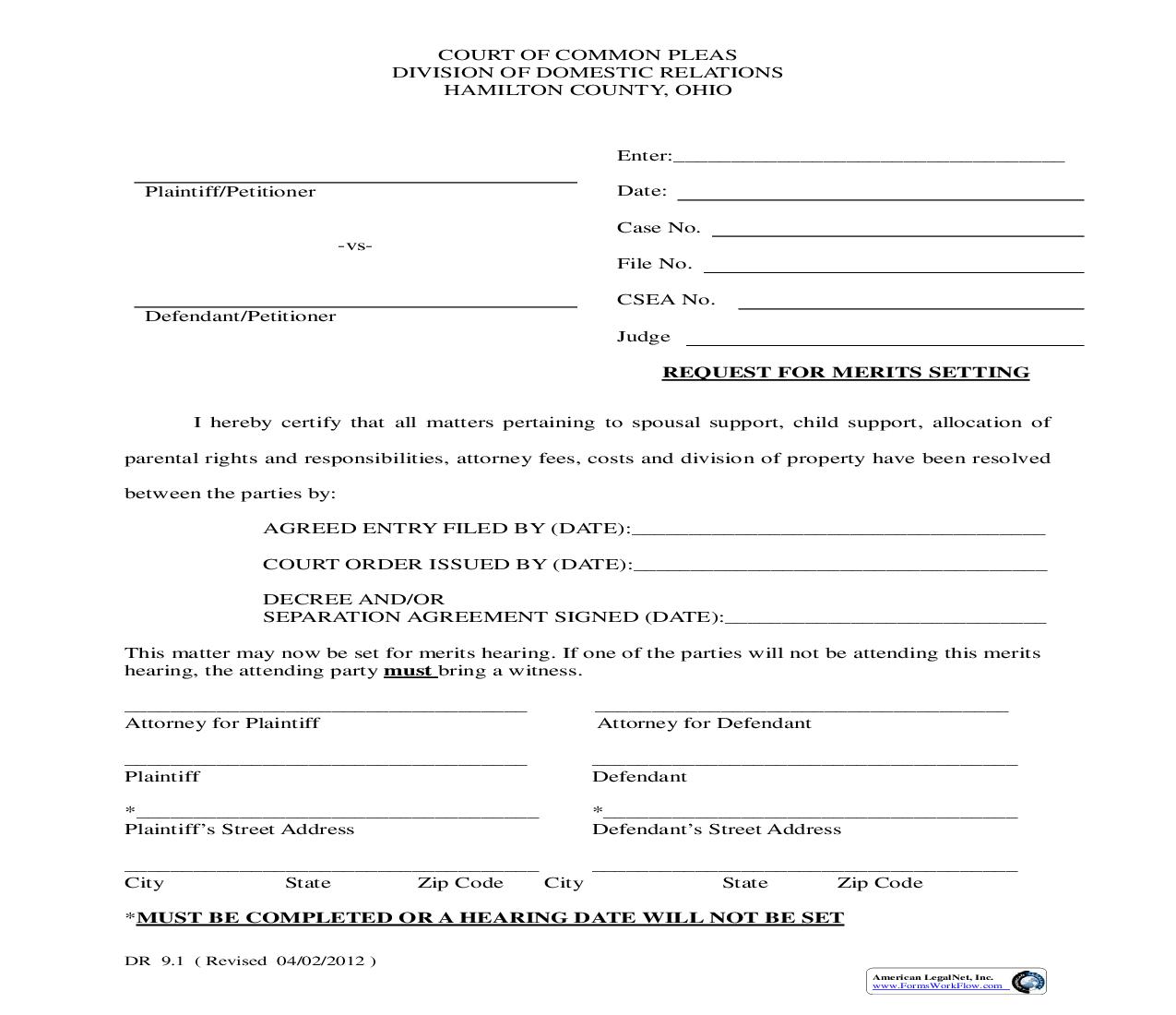 Request For Merits Setting {9.1} | Pdf Fpdf Doc Docx | Ohio