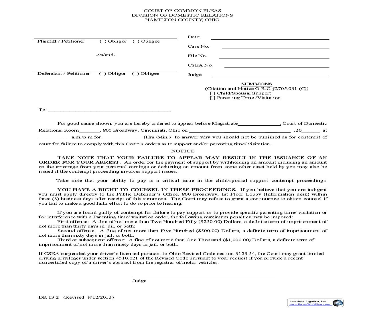 Summons {13.2} | Pdf Fpdf Doc Docx | Ohio