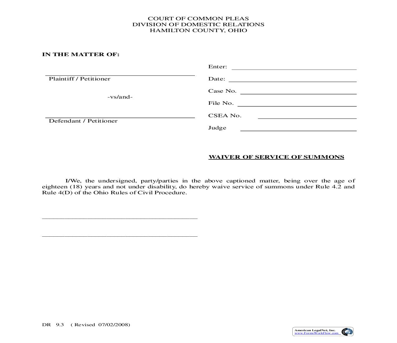 Waiver Of Service Of Summons {9.3} | Pdf Fpdf Doc Docx | Ohio