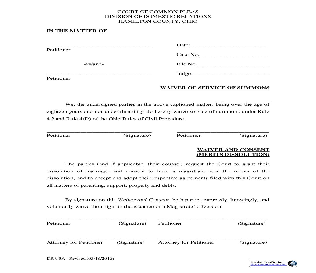 Waiver Of Service Of Summons {9.3A} | Pdf Fpdf Doc Docx | Ohio