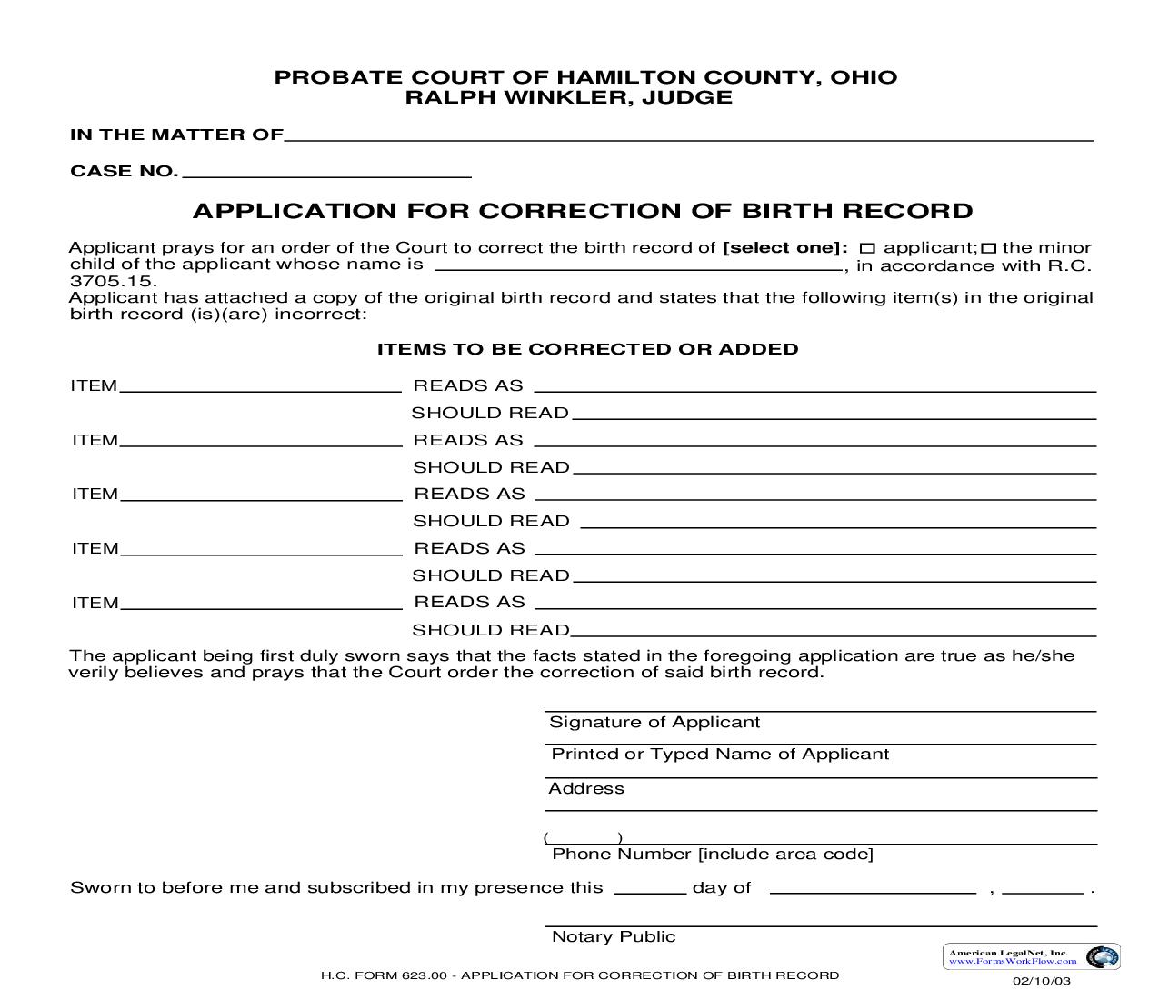 Application For Correction Of Birth Record {623.00} | Pdf Fpdf Doc Docx | Ohio