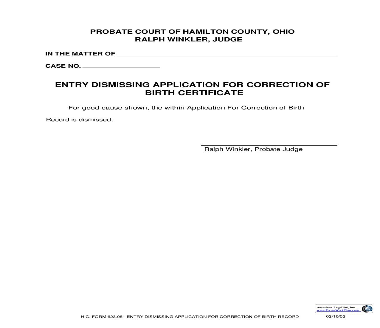 Entry Dismissing Application For Correction Of Birth Certificate {623.08} | Pdf Fpdf Doc Docx | Ohio