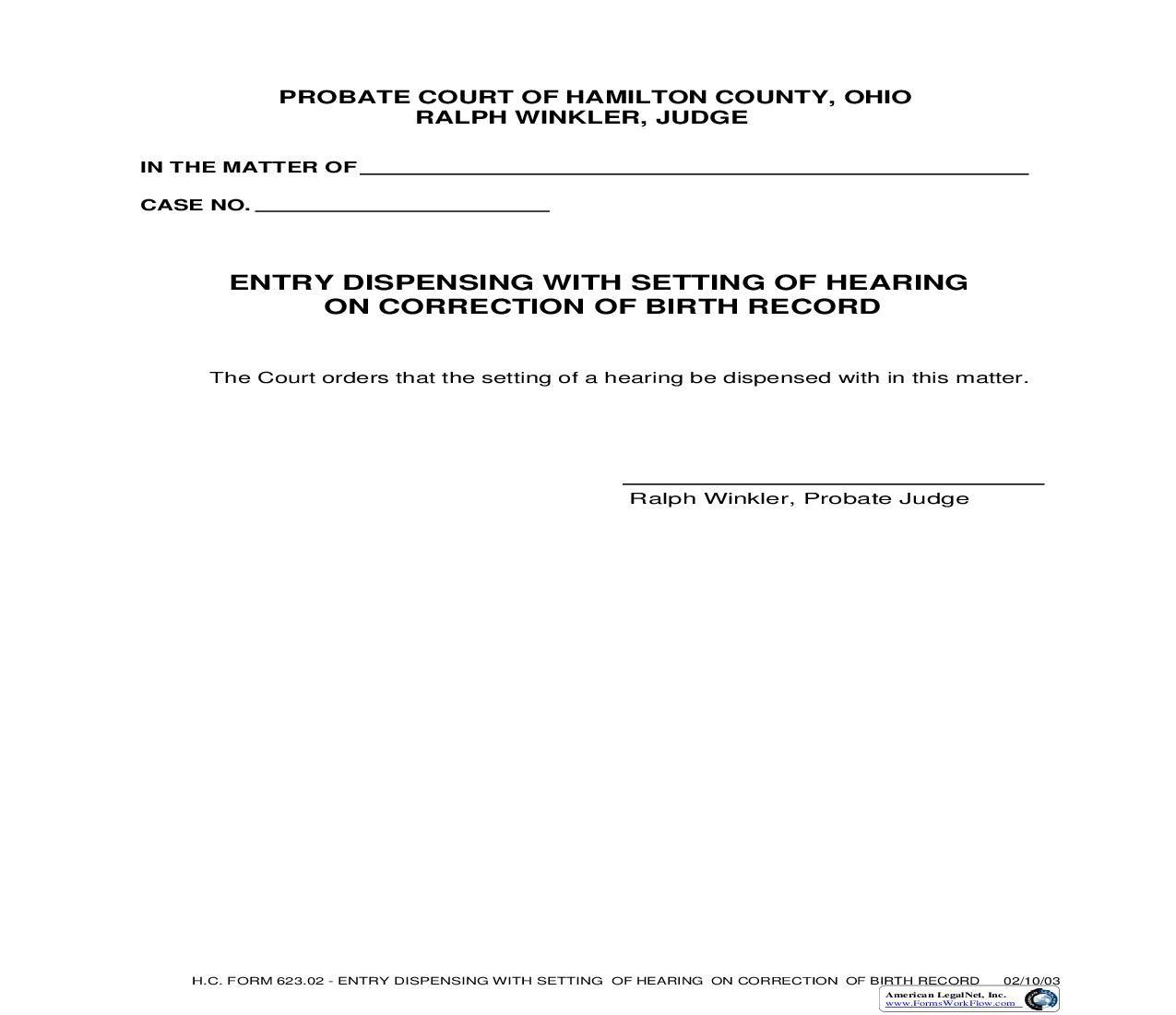 Entry Dispensing With Setting Of Hearing On Correction Of Birth Record {623.02} | Pdf Fpdf Doc Docx | Ohio