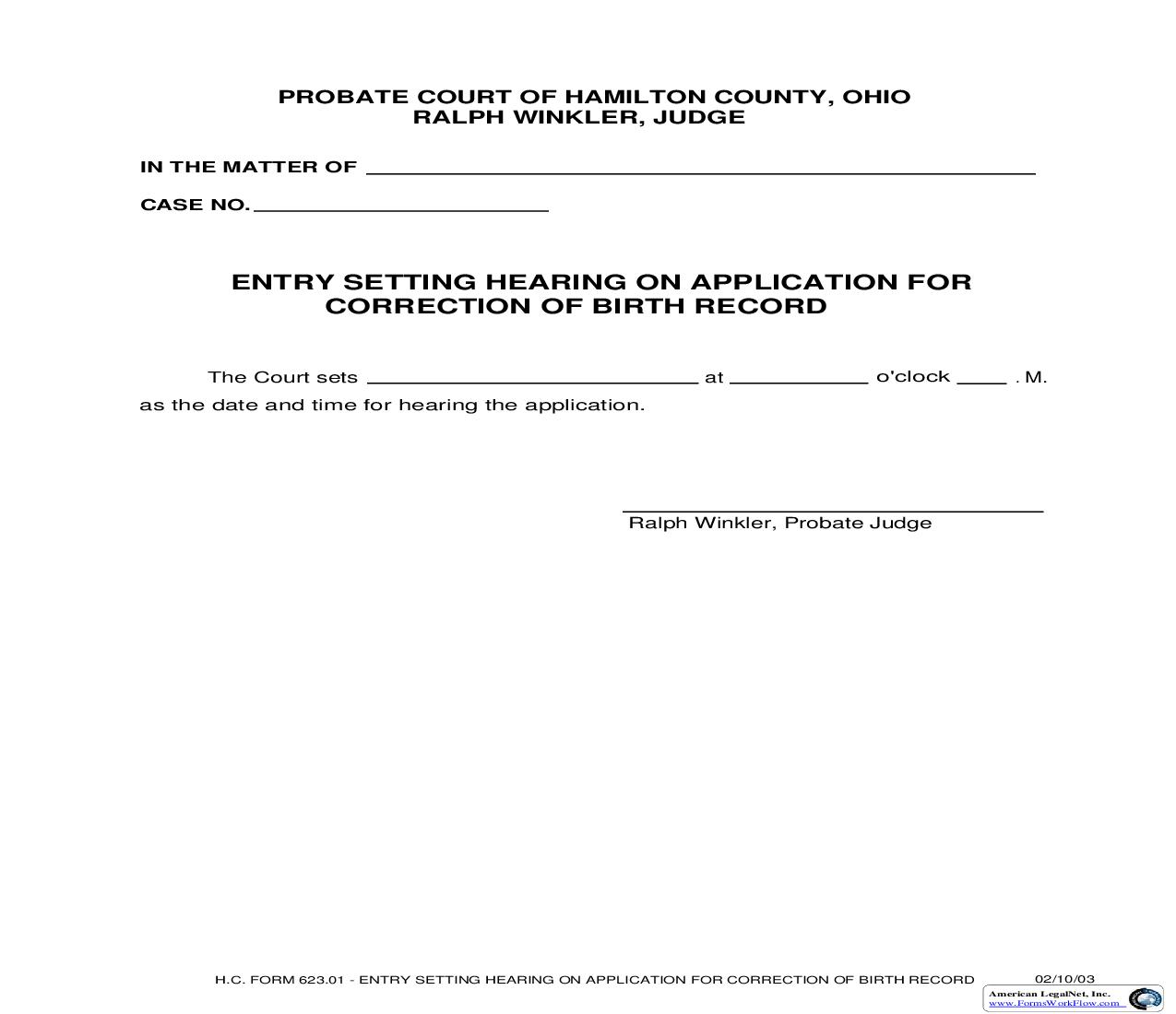 Entry Setting Hearing On Application For Correction Of Birth Record {623.01} | Pdf Fpdf Doc Docx | Ohio