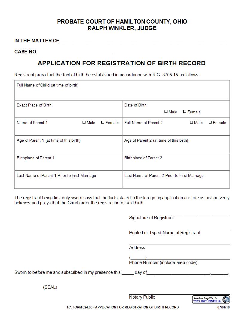 Application For Registration Of Birth Record {624.00} | Pdf Fpdf Docx | Ohio