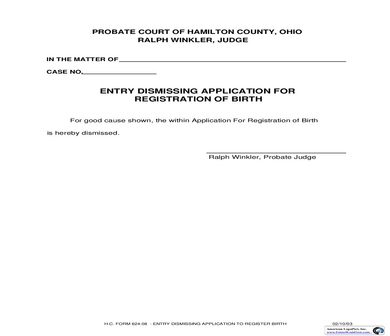 Entry Dismissing Application For Registration Of Birth {624.08} | Pdf Fpdf Doc Docx | Ohio