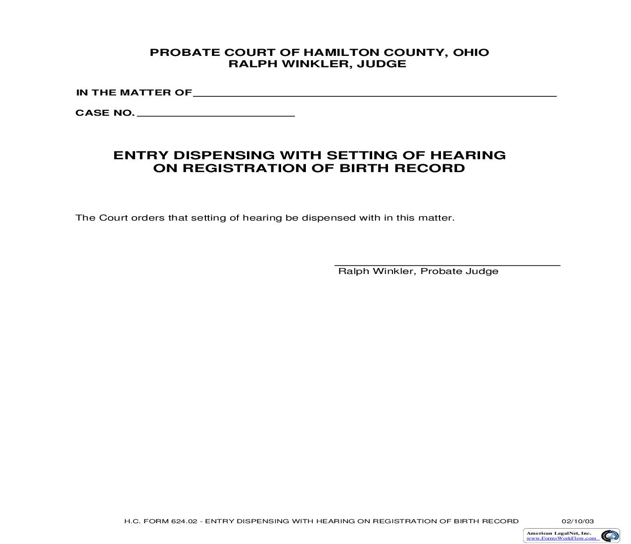 Entry Dispensing With Setting Of Hearing On Registration Of Birth Record {624.02} | Pdf Fpdf Doc Docx | Ohio