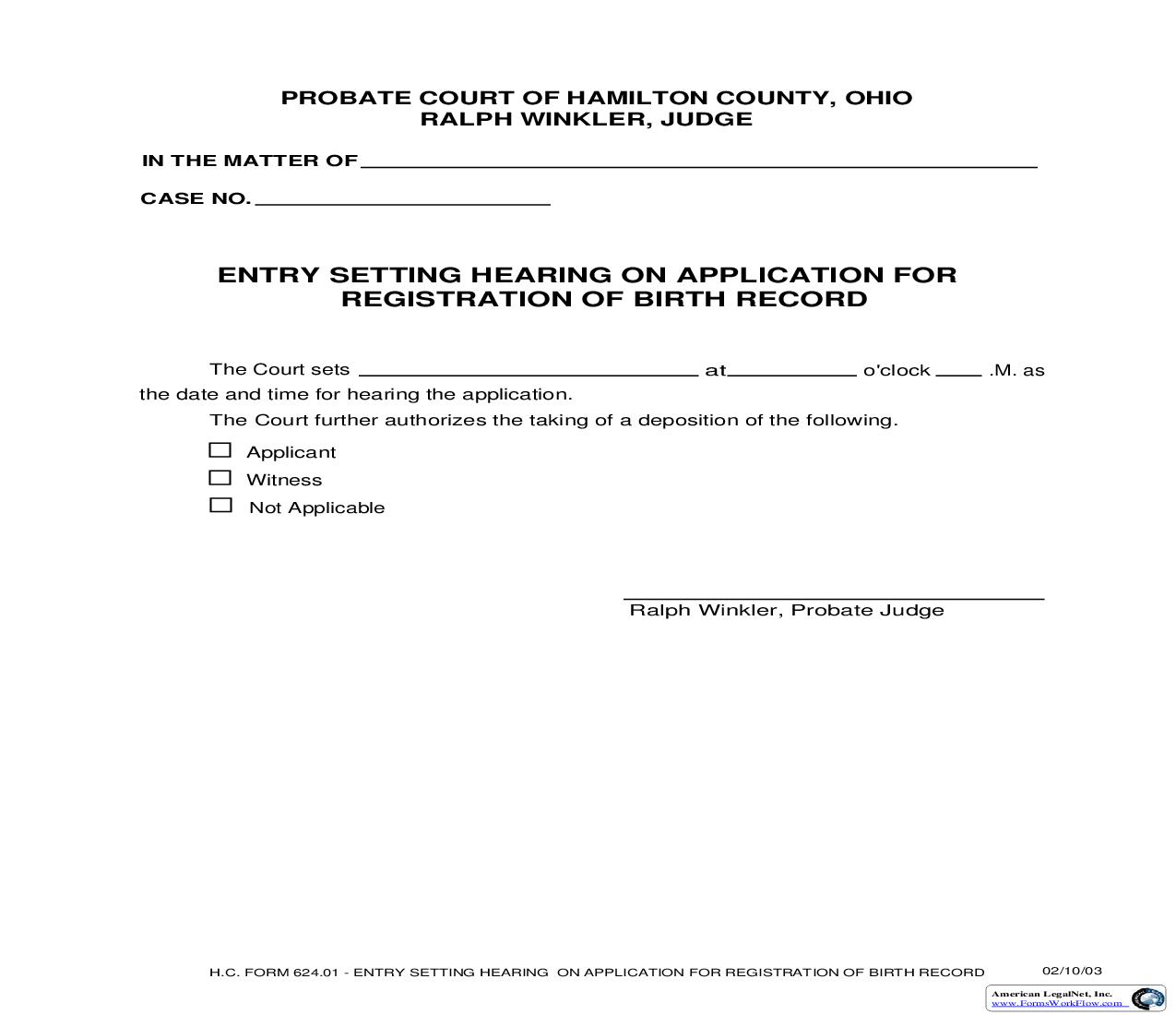 Entry Setting Hearing On Application For Registration Of Birth Record {624.01} | Pdf Fpdf Doc Docx | Ohio