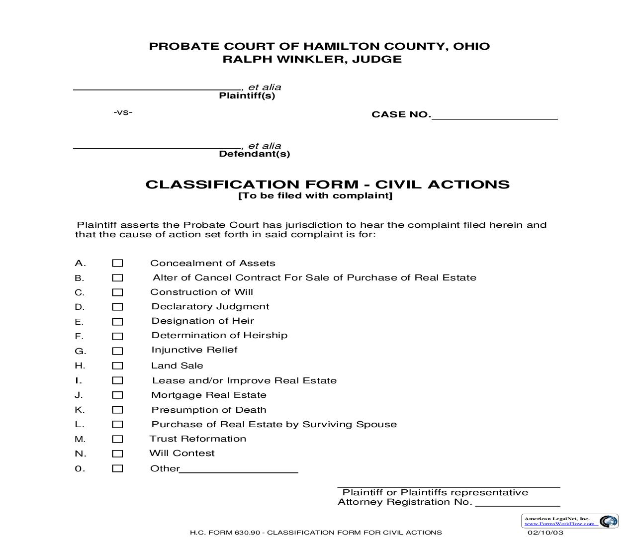 Classification Form Civil Actions {630.90} | Pdf Fpdf Doc Docx | Ohio