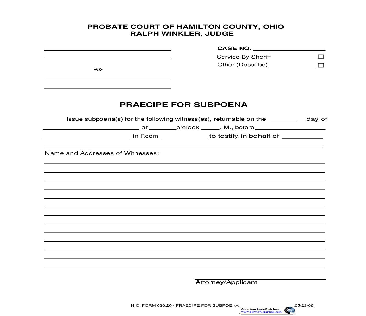 Praecipe For Subpoena {630.20} | Pdf Fpdf Doc Docx | Ohio