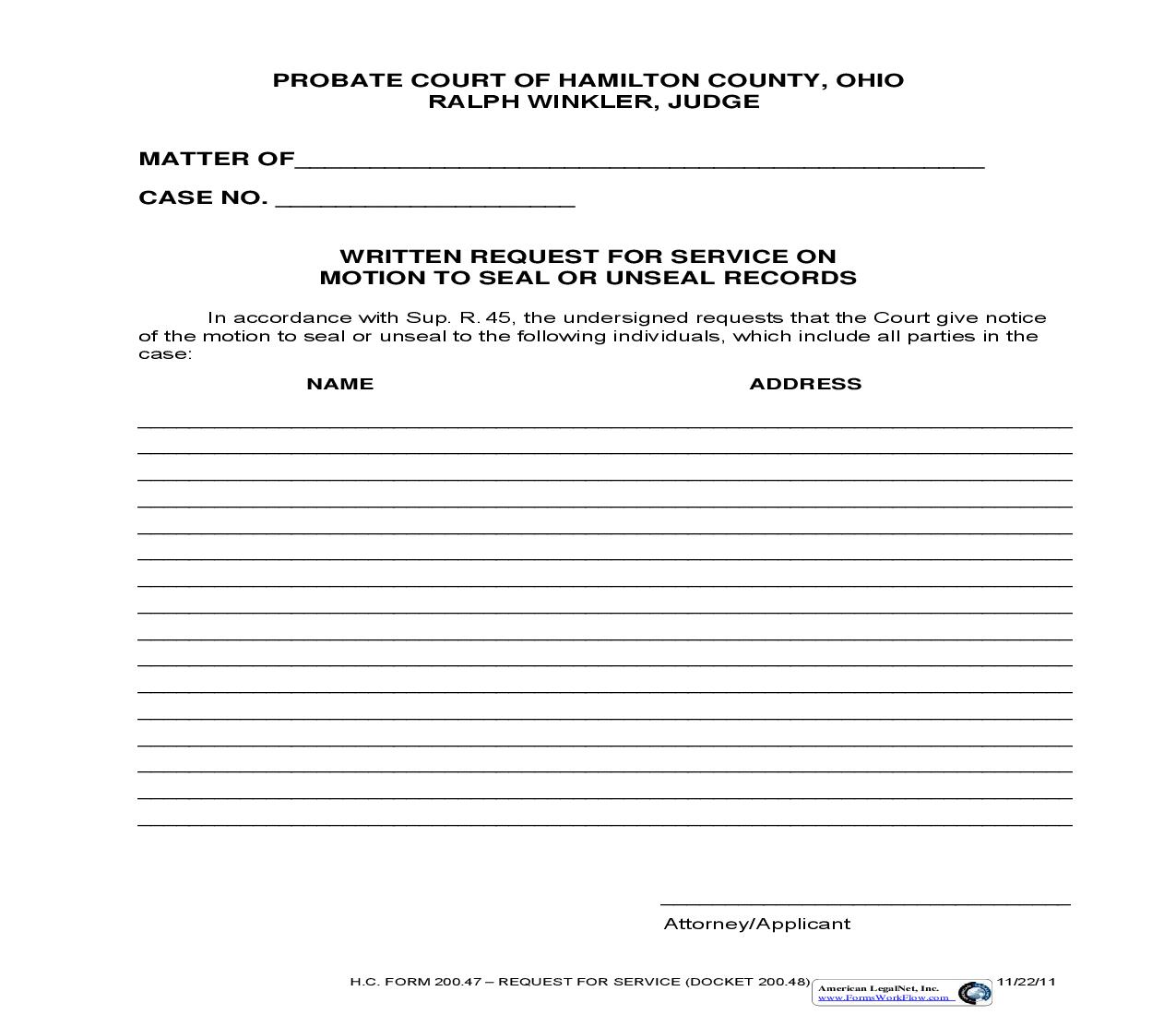 Written Request For Service On Motion To Seal Or Unseal Records {200.47} | Pdf Fpdf Doc Docx | Ohio