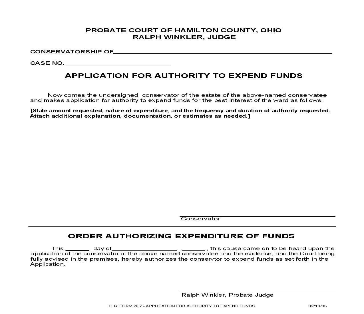 Application For Authority To Expend Funds {20.7} | Pdf Fpdf Doc Docx | Ohio