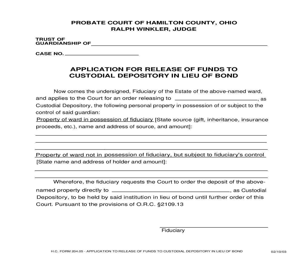 Application For Release Of Funds To Custodial Depository In Lieu Of Bond {204.05} | Pdf Fpdf Doc Docx | Ohio