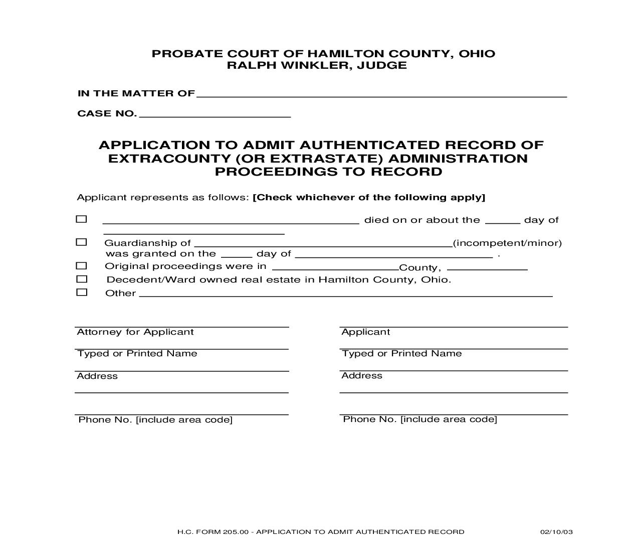 Application To Admit Authenticated Record Of Extracounty Administration Proceedings To Record {205.00} | Pdf Fpdf Doc Docx | Ohio