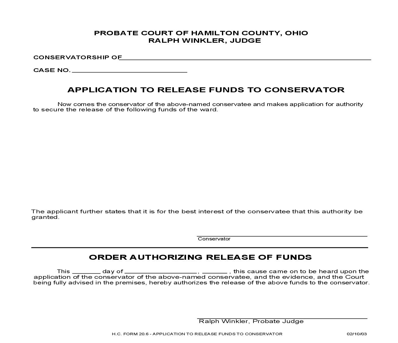 Application To Release Funds To Conservator {20.6} | Pdf Fpdf Doc Docx | Ohio