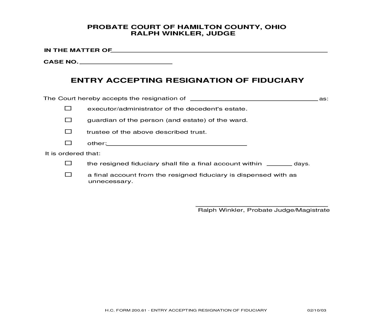 Entry Accepting Resignation Of Fiduciary {200.61} | Pdf Fpdf Doc Docx | Ohio