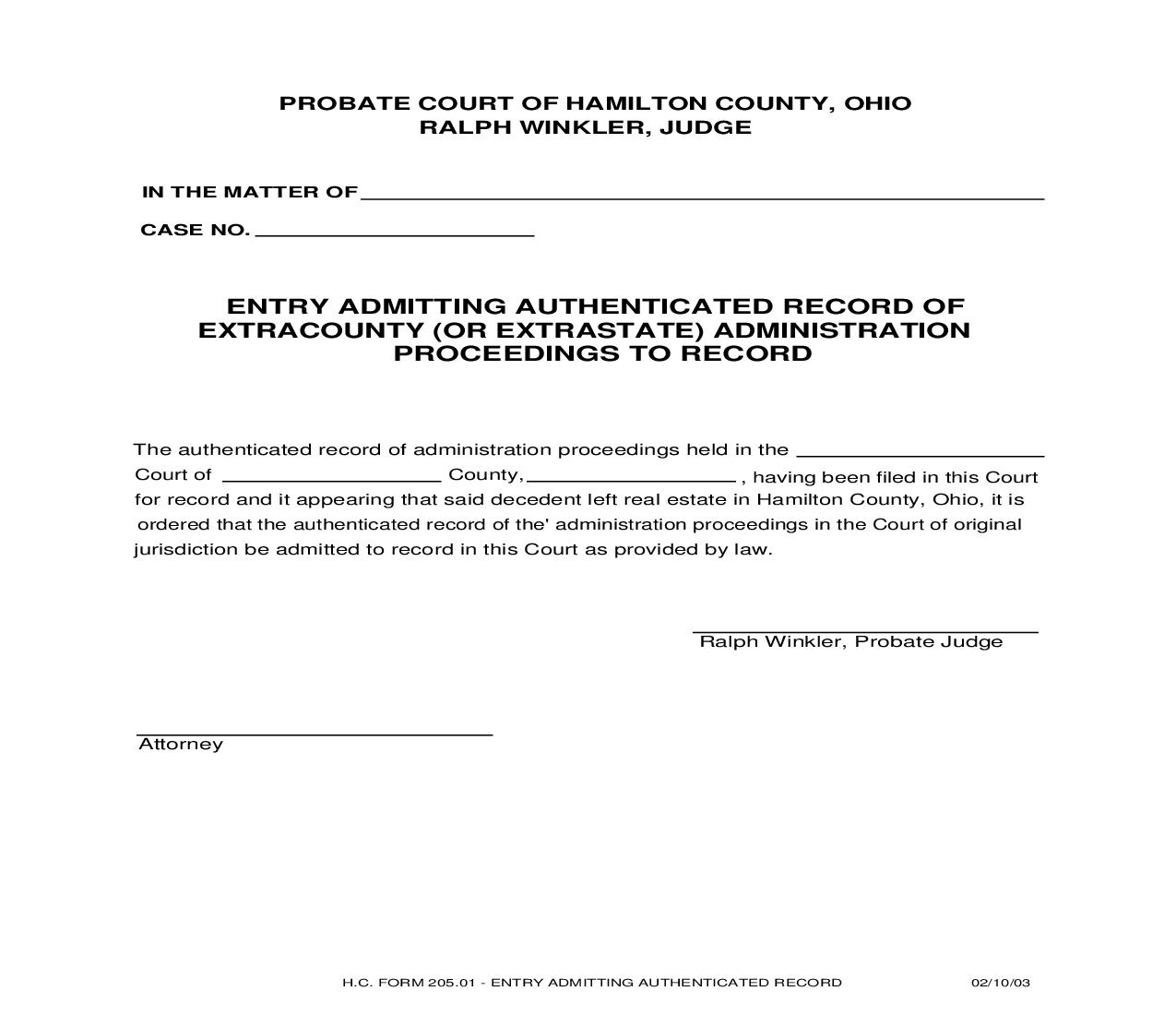 Entry Admitting Authenticated Record Of Extracounty Administration Proceedings To Record {205.01} | Pdf Fpdf Doc Docx | Ohio