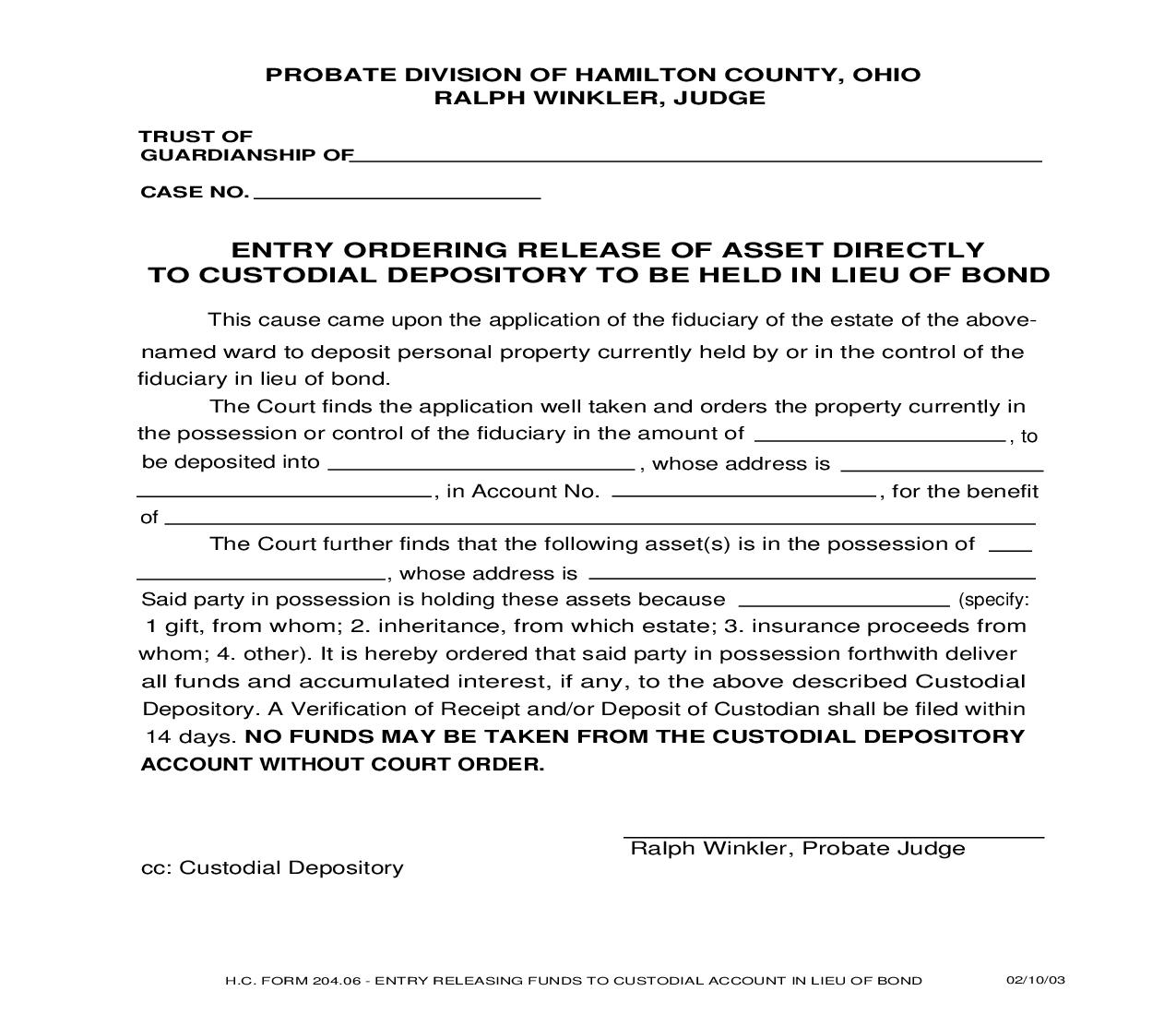 Entry Ordering Release Of Asset Directly To Custodial Deposit To Be Held In Lieu Of Bond {204.06} | Pdf Fpdf Doc Docx | Ohio