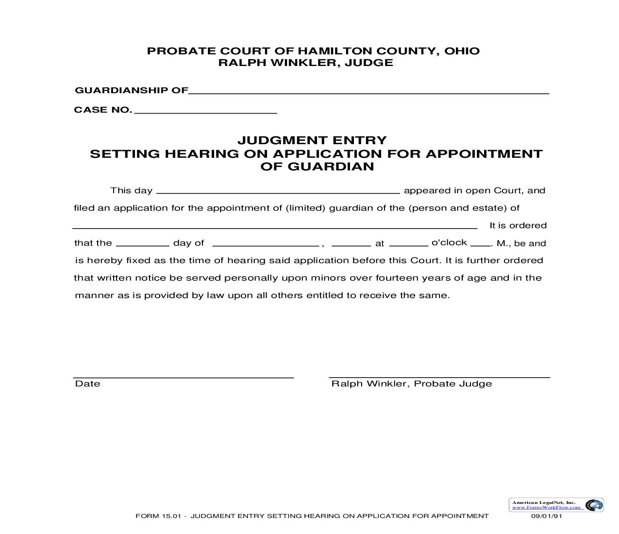 Judgment Entry Setting Hearing On Application For Appointment Of Guardian {15.01} | Pdf Fpdf Doc Docx | Ohio