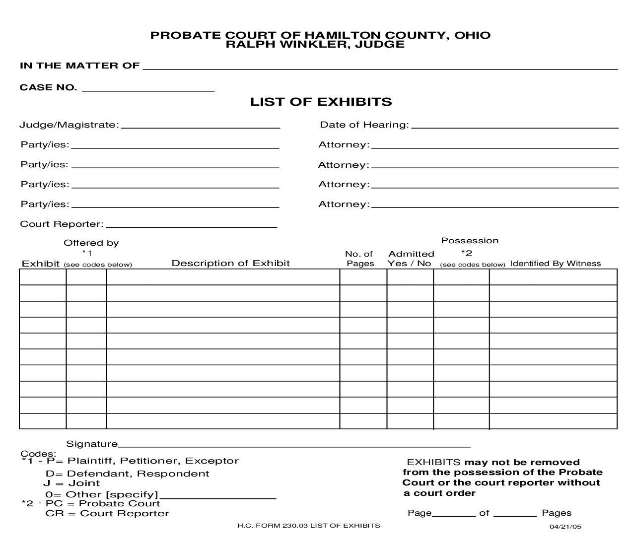 List Of Exhibits {230.03} | Pdf Fpdf Doc Docx | Ohio