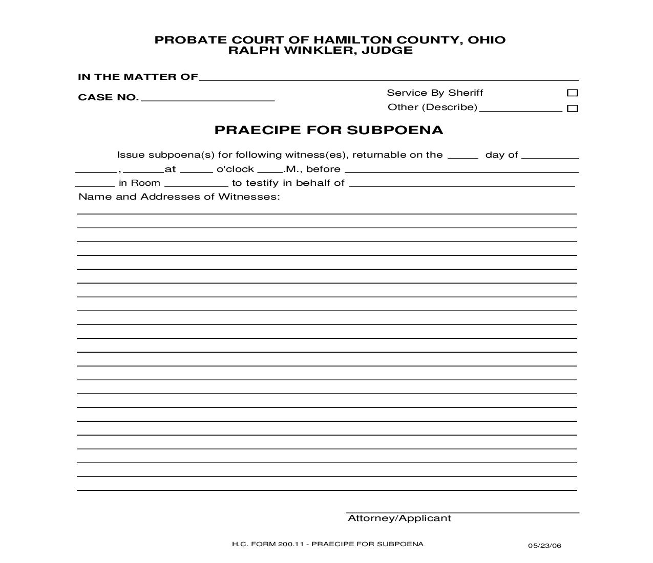 Praecipe For Subpoena {200.11} | Pdf Fpdf Doc Docx | Ohio