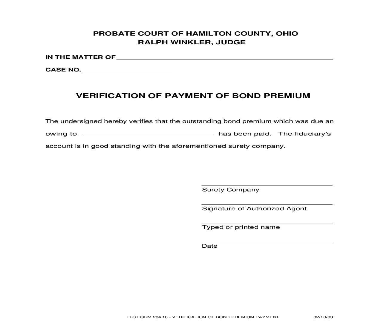 Verification Of Payment Of Bond Premium {204.16} | Pdf Fpdf Doc Docx | Ohio